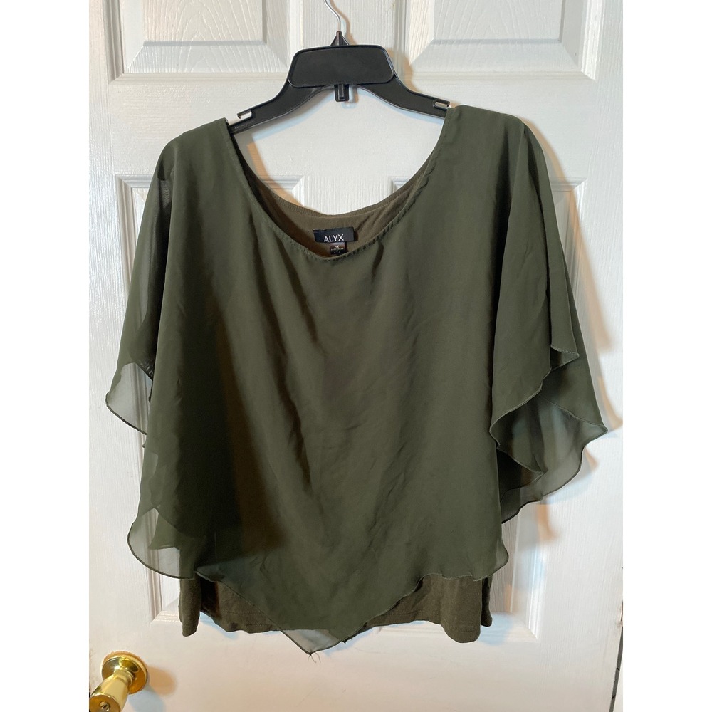 Alyx Olive Green Chiffon Layered Poncho Blouse 1X Flutter Sleeve Sharkbite Hem